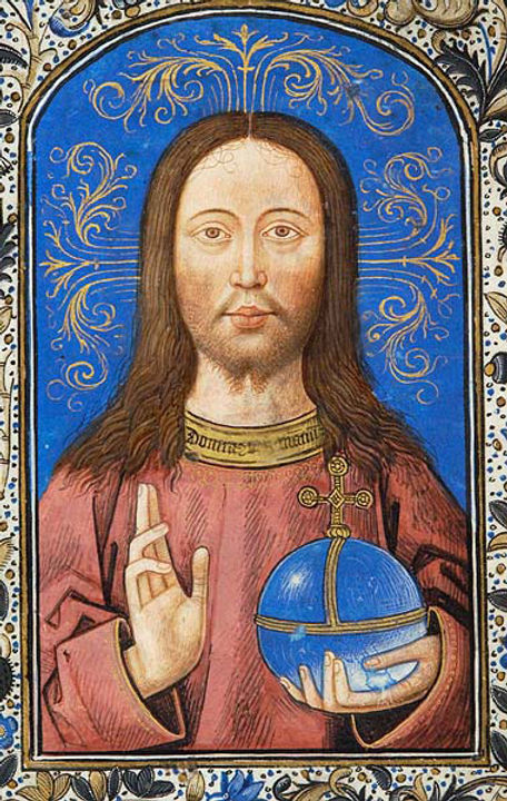 Bjargvættur heimsins. Úr kaþólskri tíðabók MS H.7 fol. 13v, Brugge, u.þ.b. 1470.