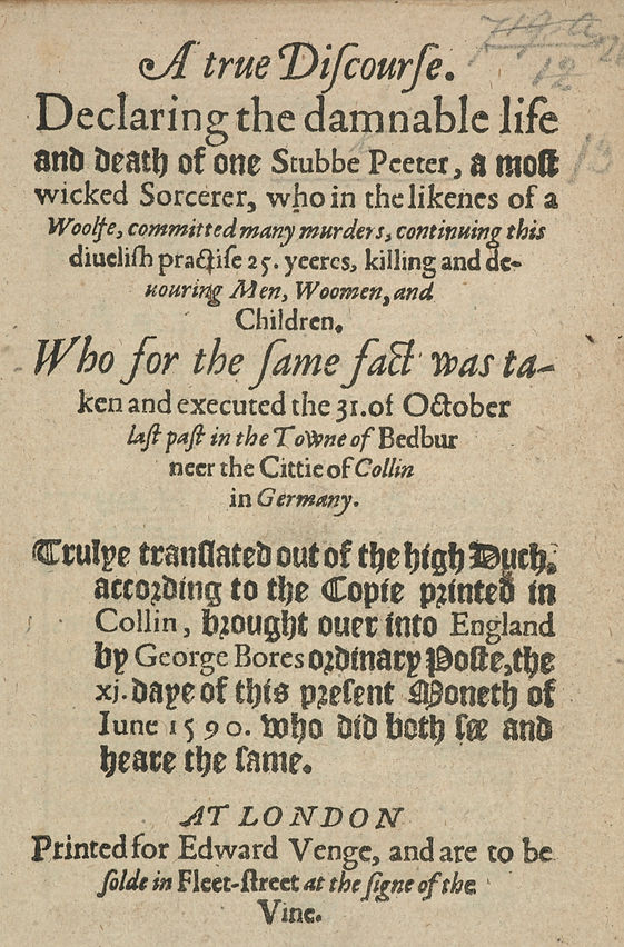 Fyrsta síða bæklingsins um Peter Trumpp frá 1590. (British Library)
