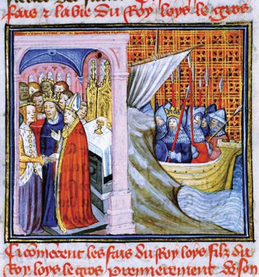 Historical illustration depicting a royal marriage ceremony, featuring a queen and various nobles in a richly decorated setting, with a boat carrying soldiers in the background.