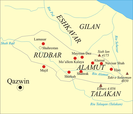 Map showing the region of Alamut and surrounding areas, including Qazwin, Rudbar, and Eshkavar, with notable locations marked.