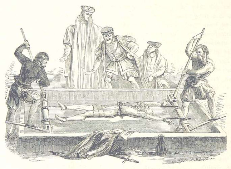 Maður pyntaður á Rekkanum. Teikning eftir William Hickman Smith Aubrey, 1867. (The British Library)