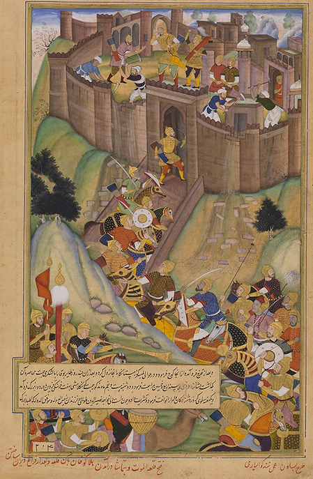 A historical illustration depicting the siege of a fortress, showcasing soldiers in combat, with a castle in the background and onlookers witnessing the battle.