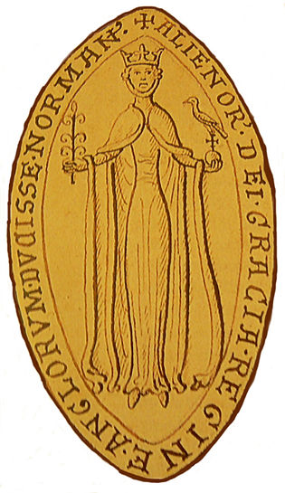 Seal of Eleanor of Aquitaine, depicting her in regal attire with a crown and a bird on her hand.