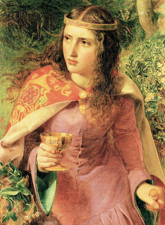 A young woman dressed in medieval attire, sitting in a lush garden holding a decorative cup and looking thoughtfully into the distance.