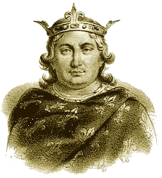 Illustration of a king wearing a crown, depicted with a regal expression and adorned in a richly patterned cloak, representing a historical figure from the Middle Ages.