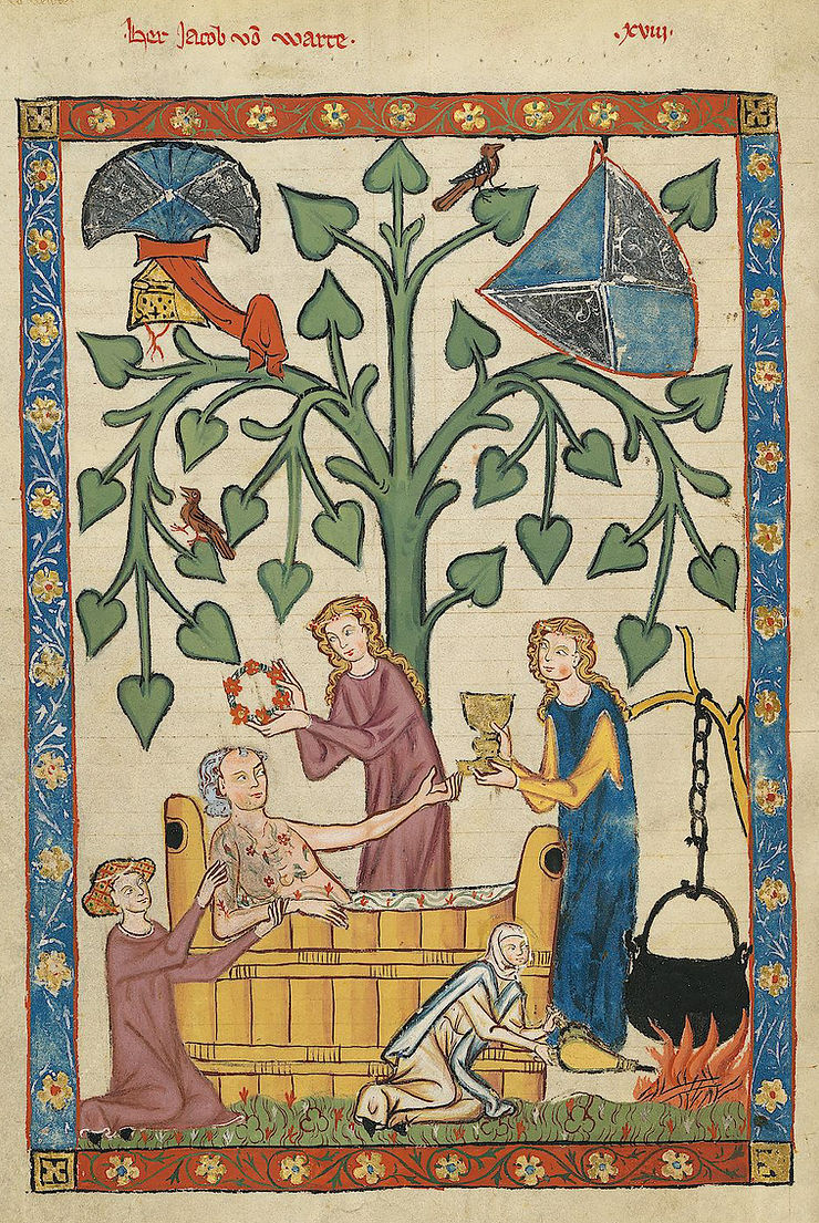 Jakob von Warte að baða sig. Codex Manesse, milli 1305 og 1340, Zurich, Sviss