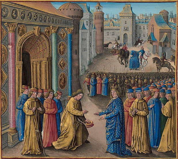 A historical scene depicting Eleanor of Aquitaine receiving a tribute or gift, surrounded by attendants and noble figures, with a medieval cityscape in the background.