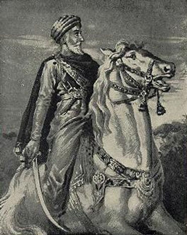 A historical illustration of Hasan Sabbah, depicted as a regal figure on horseback, holding a sword, symbolizing his leadership and significance in the Nizari Ismaili state.