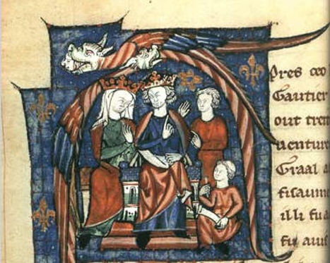 A medieval manuscript illustration depicting a gathering of figures discussing a quest, likely related to the tales of King Arthur and the Grail.