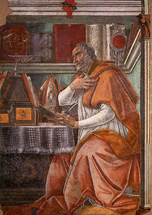 A historical fresco depicting a contemplative figure in robes, seated at a desk with books and scientific instruments in the background.