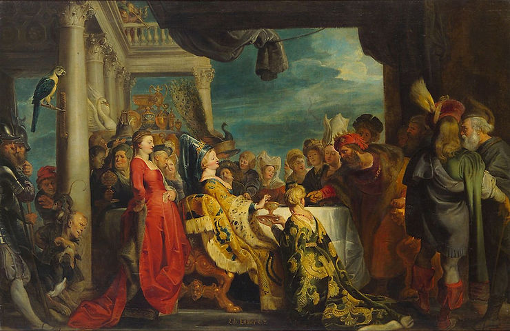Alboin gives orders to give Rosamund wine from her father's skull. Portrait painted by an unknown artist in Rubens' studio, 1615.