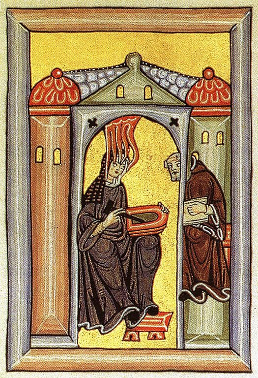 Illustration of Hildegard von Bingen, depicted in medieval attire, holding a musical instrument, seated with a figure who appears to be listening or documenting her insights.