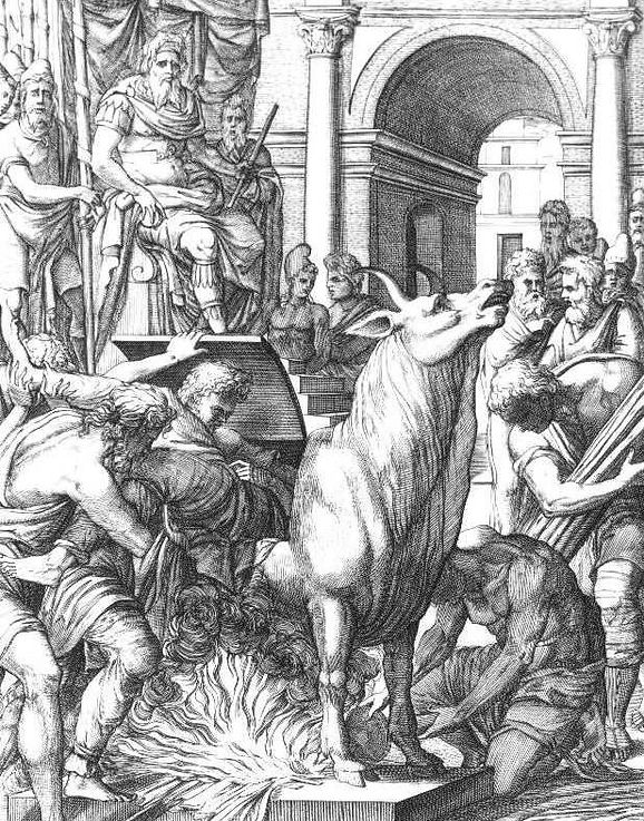 Phalaris has Perillus placed in the Brazen Bull. Work by Pierre Woeiriot, 1562. (Public)