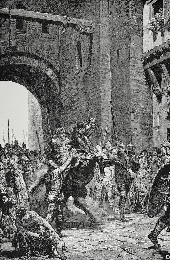 Victorious Alboin arrives at Ticinum (Pavia) after the town falls to the Lombards 572. Picture by Charles F. Horne, 1900.