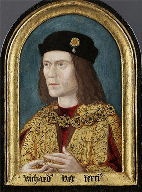 A historical portrait of Richard III, wearing regal attire with a crown emblem, depicted in a framed setting.