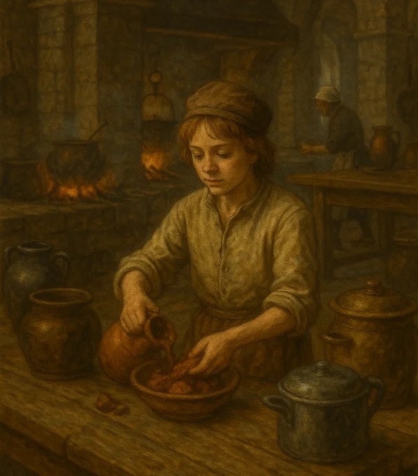 A young boy in a historical kitchen preparing food, pouring from a jug into a bowl, with cookware and a stove visible in the background.