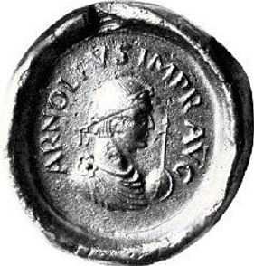Image of a silver coin featuring a profile of Arnulf of Carinthia, inscribed with 'ARNOL'IS IMP.'