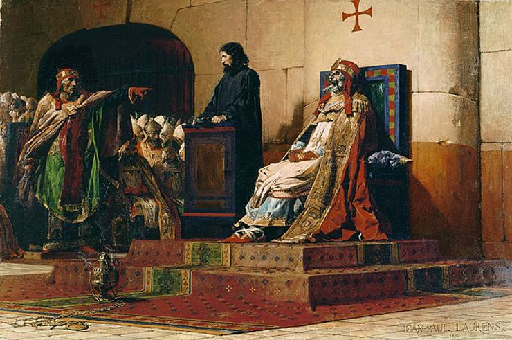 A depiction of the infamous Cadaver Synod, showing Pope Stephen VI seated on a throne, presiding over the trial of the exhumed body of Pope Formosus, which is dressed in papal robes. Advisors and church officials are present, illustrating the tense atmosphere of this historical event.