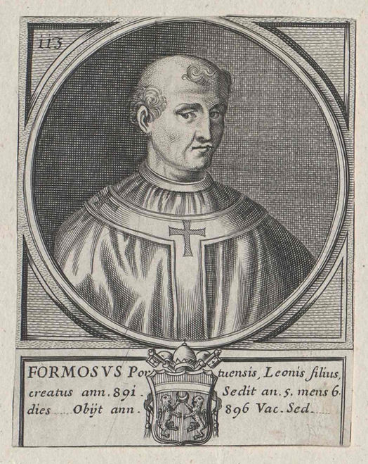 Engraving of Pope Formosus, a notable figure in papal history, shown wearing ecclesiastical robes and a cross, with a decorative border and inscription detailing his papacy.