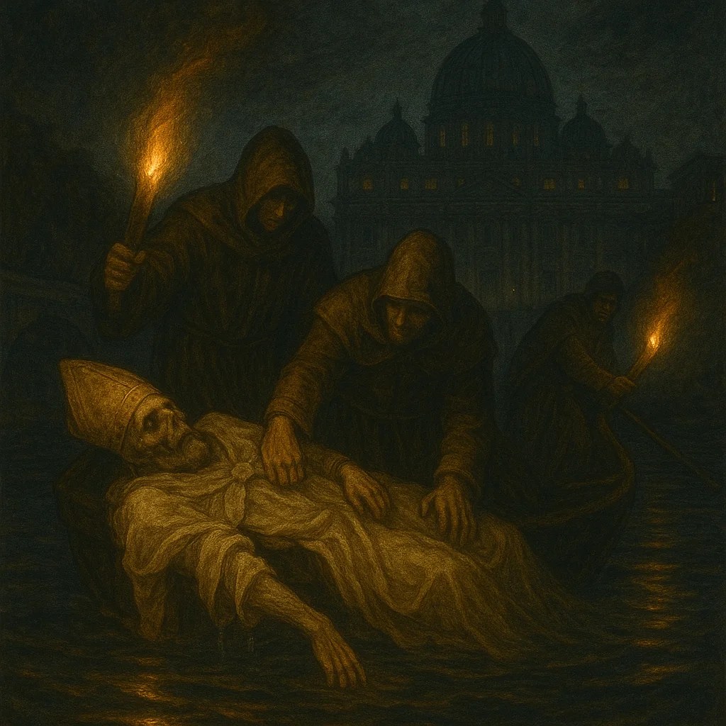 A dark, moody depiction of several hooded figures in a boat, carrying the skeletal remains of a pope, illuminated by torchlight, with a distant view of a church dome in the background.