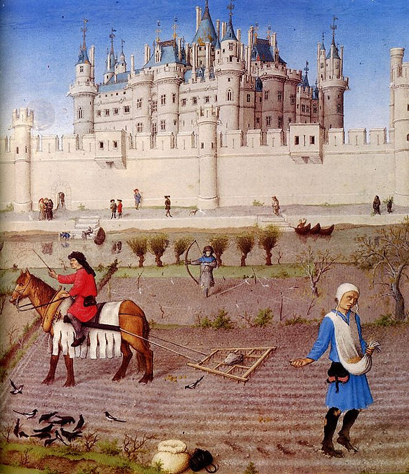 A medieval landscape depicting a castle in the background with people engaged in various activities, including farming and archery.
