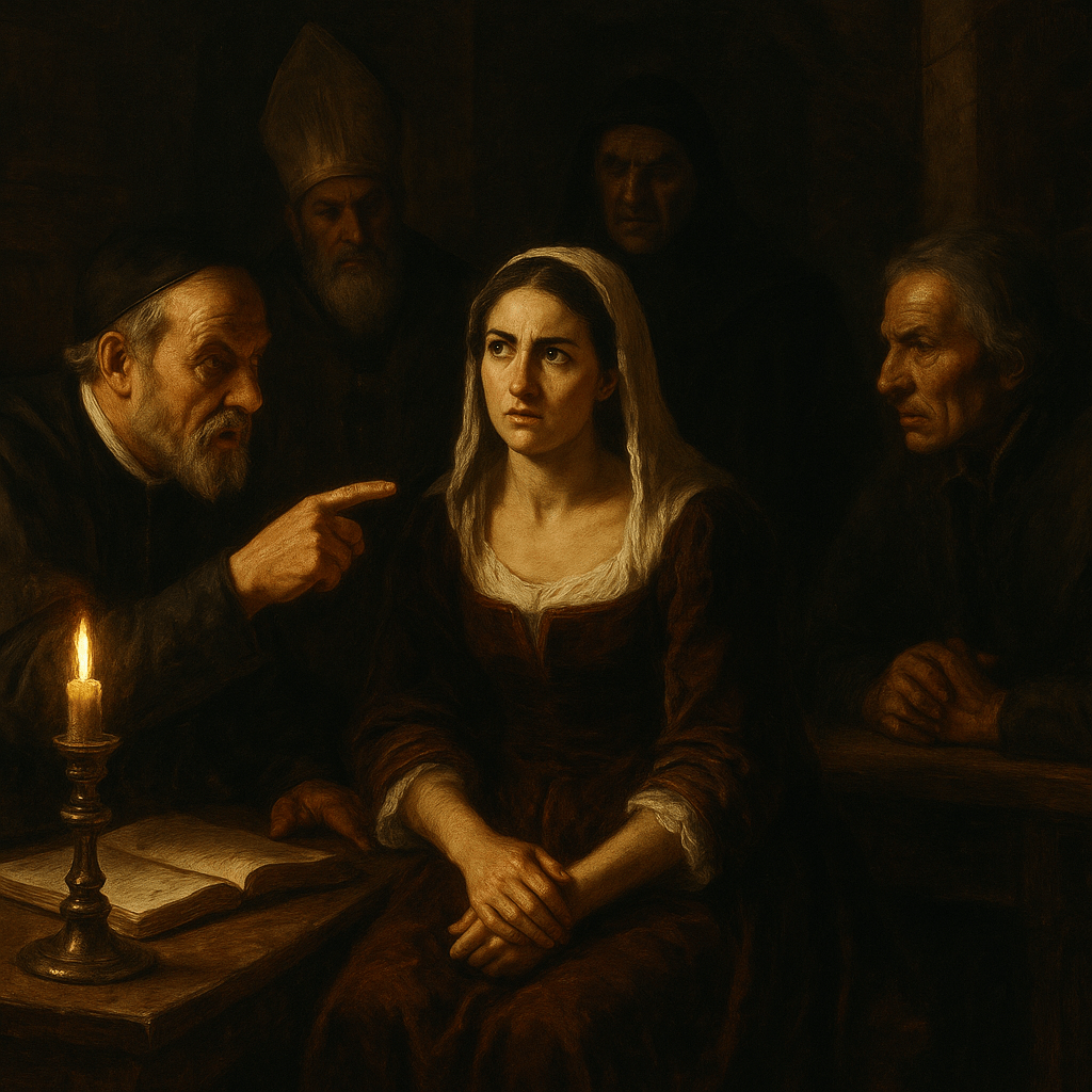 A tense scene depicting a woman being confronted by a man in traditional garb, likely a priest or authority figure, while three other figures observe the exchange in the background, all illuminated by the light of a candle on a wooden table.