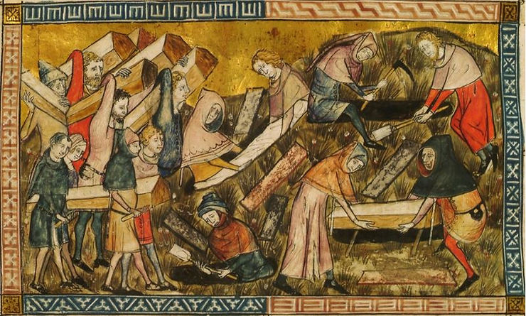 A medieval illustration depicting a scene of people digging graves and burying bodies, likely during a time of plague, showcasing the impact of mortality in the Middle Ages.