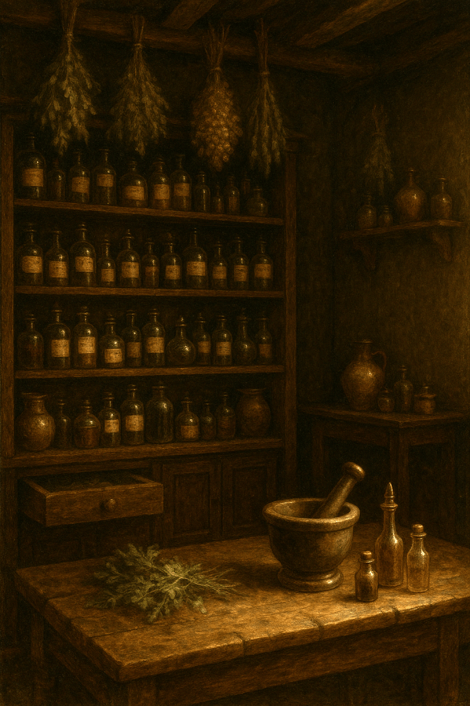 An apothecary's interior featuring shelves lined with various glass bottles, a wooden table with a mortar and pestle, and dried herbs hanging from the ceiling, evoking a historical setting of potion-making.