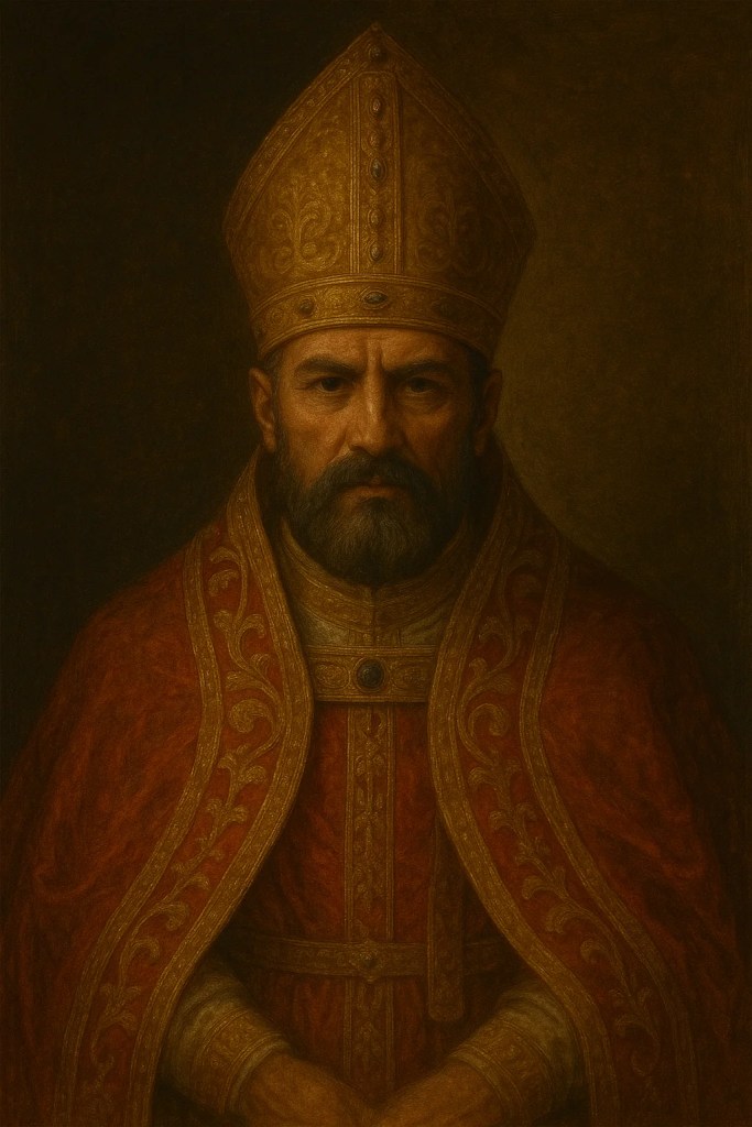 Portrait of a stern-looking pope wearing a golden mitre and ornate red vestments.