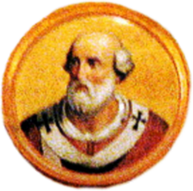 Portrait of Pope Sergius III, depicted with a beard and wearing traditional papal vestments.