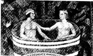 An illustration depicting two figures seated in a large tub, possibly representing a historical or mythological scene.