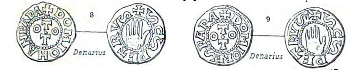 Illustration of two Denarii coins featuring inscriptions related to Pope John XII and Otto I with a hand symbol.