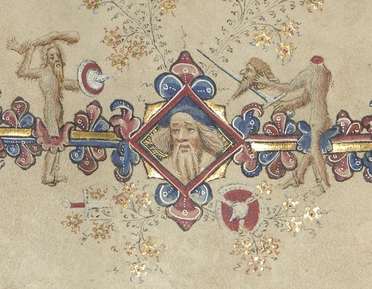 Illustration from a 15th-century manuscript featuring a combat scene with two fighters, one using a severed leg and the other a severed head as a shield, surrounded by ornate floral decoration.