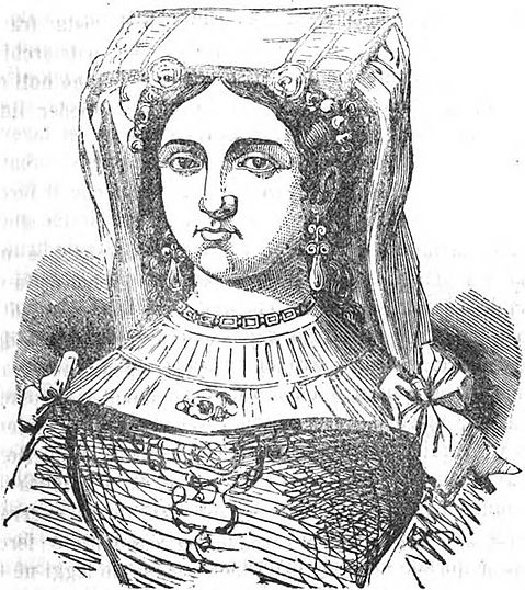 An illustration of a woman from the historical period associated with the papacy, featuring a headdress and ornate clothing typical of noblewomen of the time.