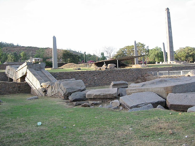 Ruins of the ancient Aksumite obelisks and structures in the historic site of Aksum, Ethiopia.