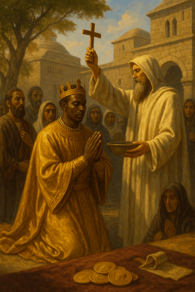 A historical illustration depicting a king, adorned in royal attire, kneeling as a religious figure, holding a cross, prepares to baptize him. Surrounding them are onlookers, including a woman and several men, observing the ceremony in a setting resembling an ancient church.