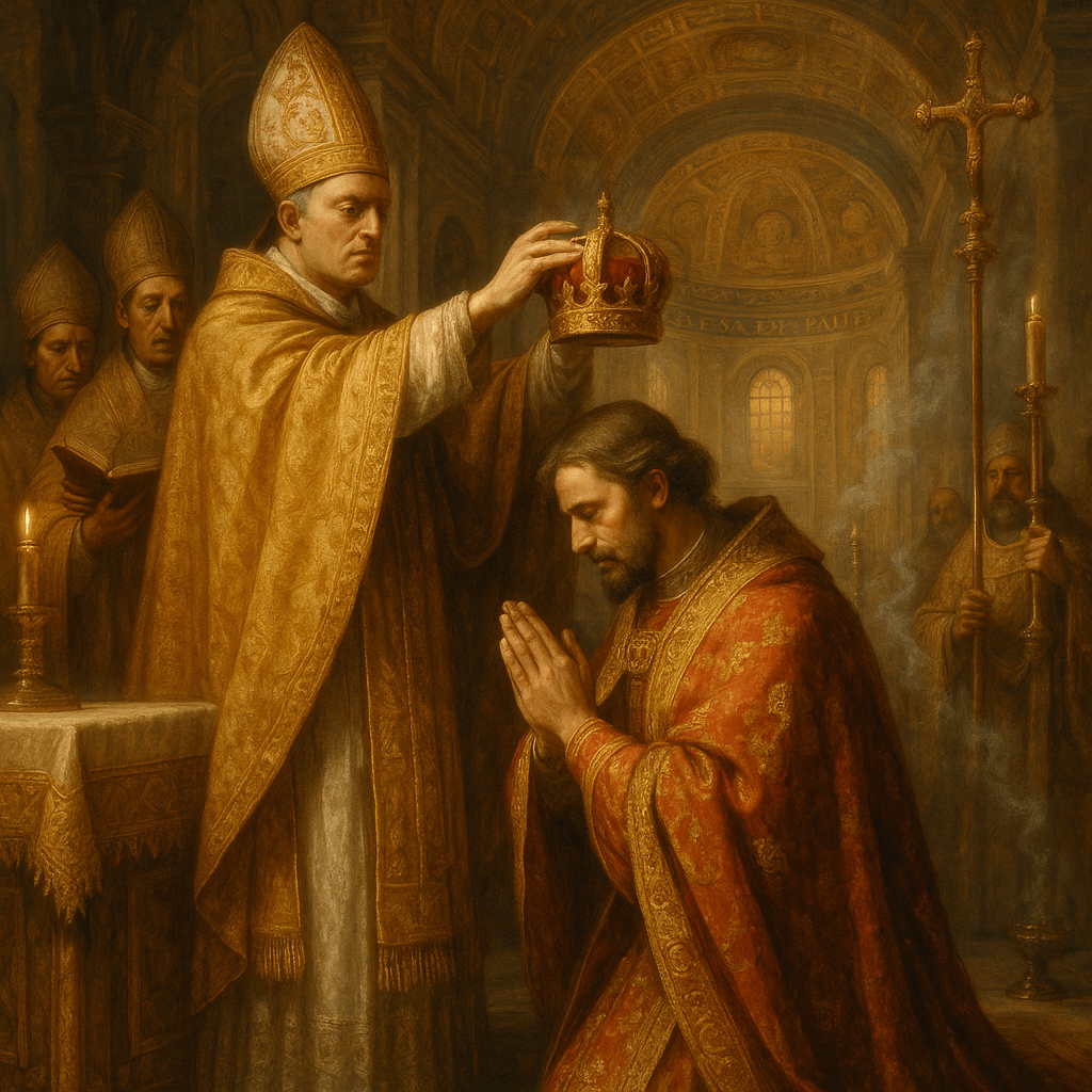 A pope wearing ornate garments is crowning a kneeling king in a grand religious setting, surrounded by other clergy members.