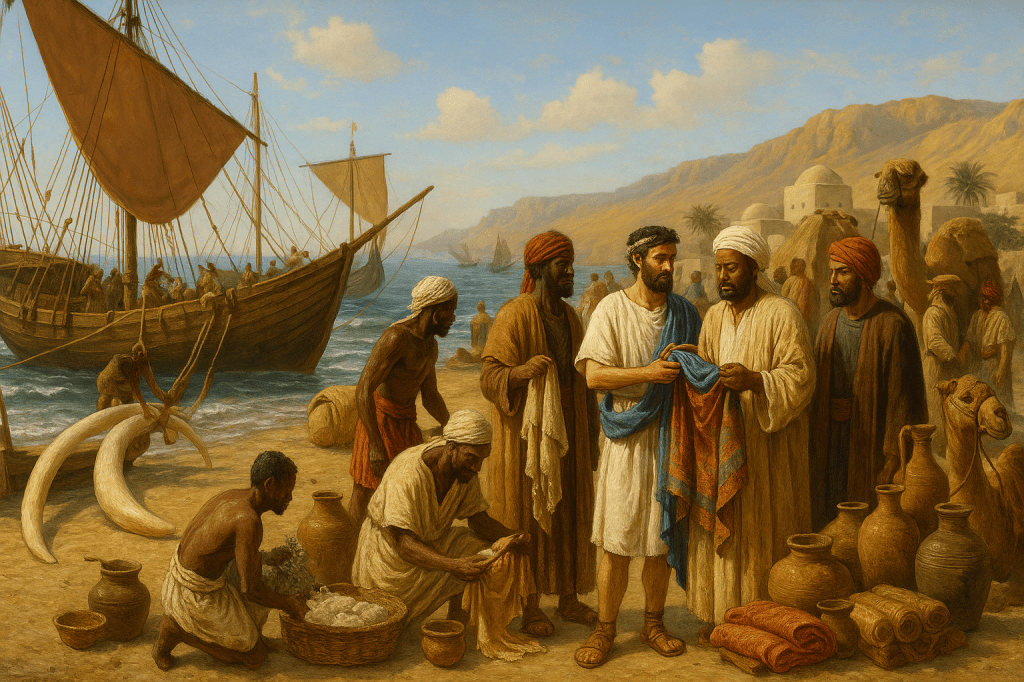 A historical scene depicting diverse traders engaged in commerce by the sea, with a large ship in the background and various goods, including textiles and pottery, on the shore.