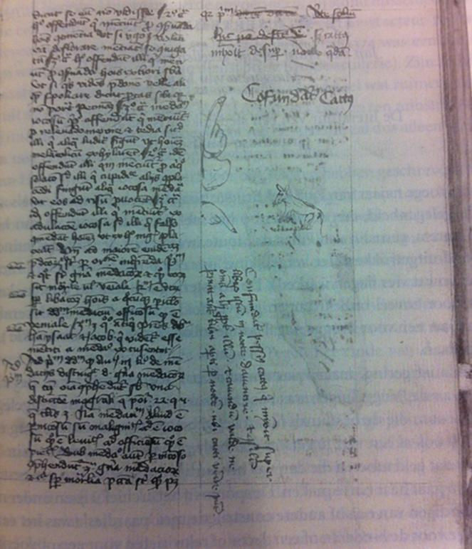An old manuscript page featuring text and illustrations, including a cat and annotations, showcasing historical writing related to cats.