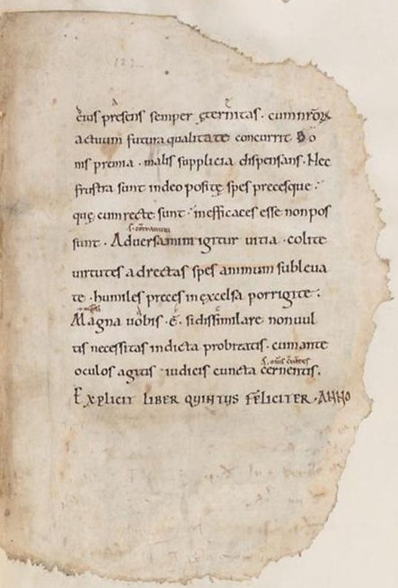 An ancient manuscript page with handwritten text, showing signs of wear and damage, likely from a cat walking over it.