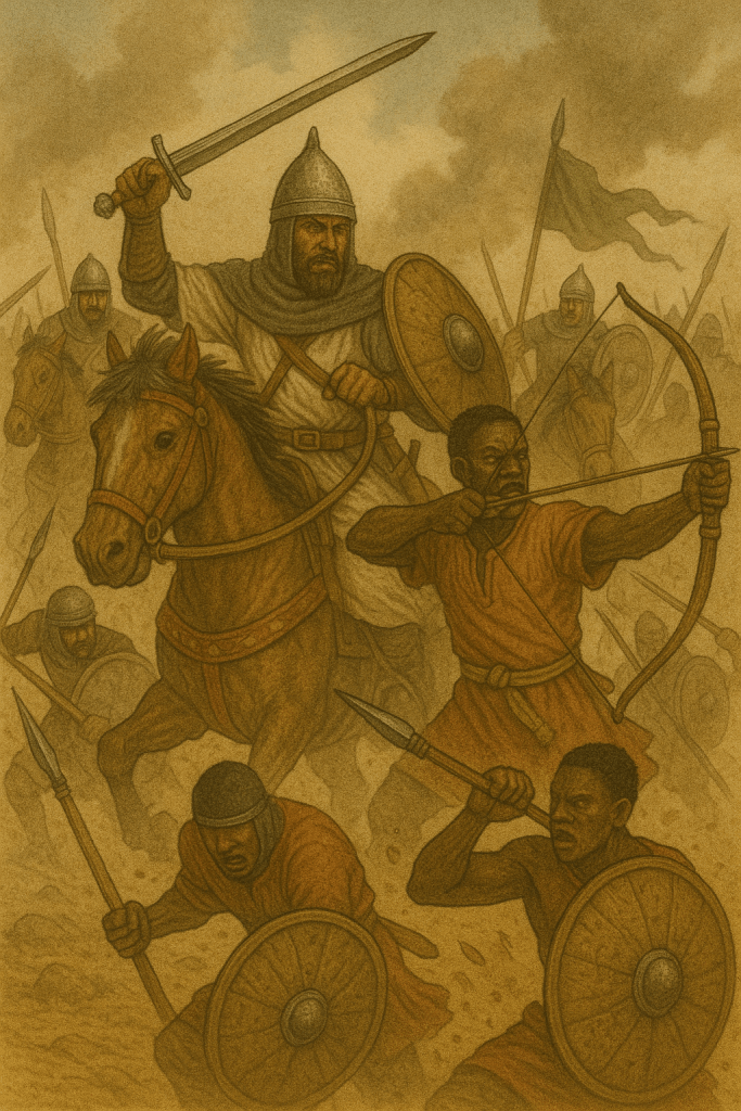 An illustration depicting a historical battle scene with a mounted warrior wielding a sword and commanding troops engaged in combat, featuring soldiers with shields and bows amidst a dusty battlefield.