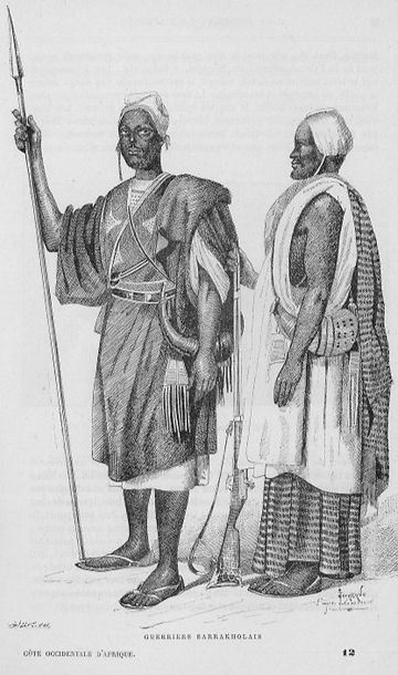 Two figures from West Africa, one dressed in traditional warrior clothing holding a spear, and the other wearing a patterned fabric garment, showcasing the attire and culture of the region.