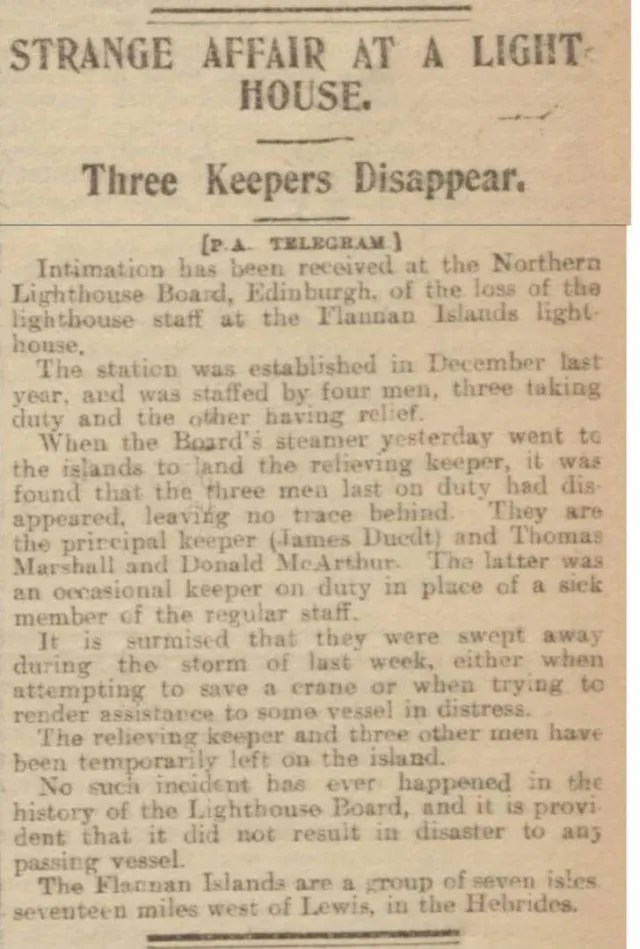 An old newspaper clipping titled 'Strange Affair at a Lighthouse' reporting the mysterious disappearance of three lighthouse keepers at the Flannan Islands, along with details on their duties and speculations about the incident.