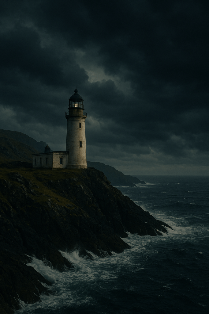 A lighthouse standing on a rocky coastal cliff under a dark, overcast sky, with waves crashing against the shore.