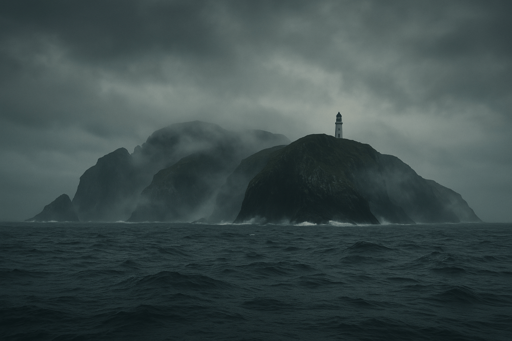 A dark and moody view of Eilean Mòr Island, featuring the tall lighthouse standing against a backdrop of stormy clouds and rough waters.