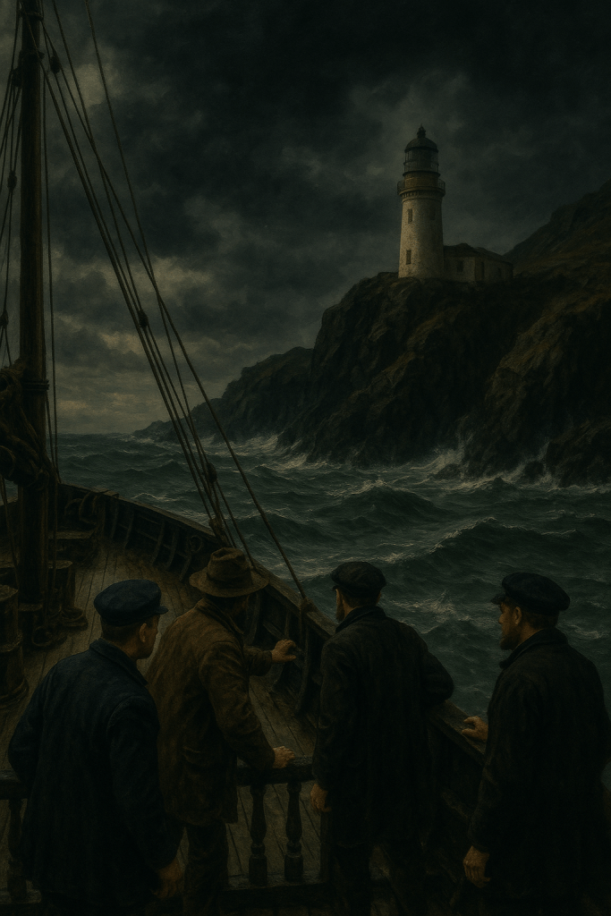 A group of five men aboard a boat, looking towards a distant lighthouse on a rugged coastline, under a dramatic dark sky with choppy waves.