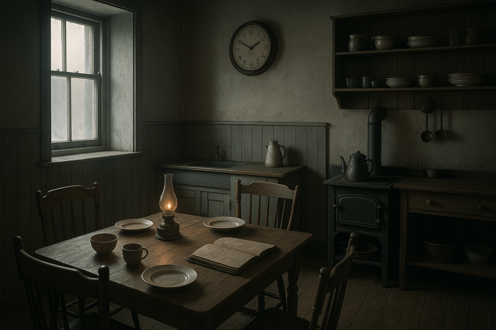 A rustic kitchen featuring a wooden dining table set for a meal, with empty plates and mugs. A lantern illuminates the scene, and a clock hangs on the wall beside a window, casting soft light across the room.