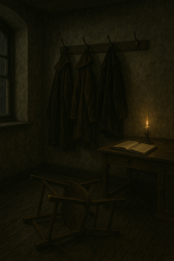 Interior of a dimly lit room showing three brown coats hanging on a hook, an overturned chair, a desk with a candle, and an open logbook.