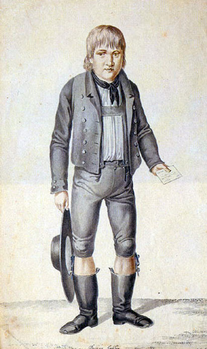 A historical portrait of a young boy dressed in 19th-century attire, holding a piece of paper and a hat, depicting Kaspar Hauser.
