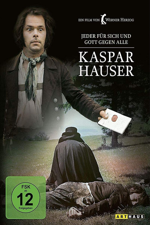 Movie poster for 'Kaspar Hauser' directed by Werner Herzog, featuring a character in period clothing holding a letter, with a shadowy figure lying on the ground in the background.